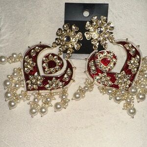 4” Traditional, Gold-Plated, Kundan Red Enamel/Faux Pearl Earrings